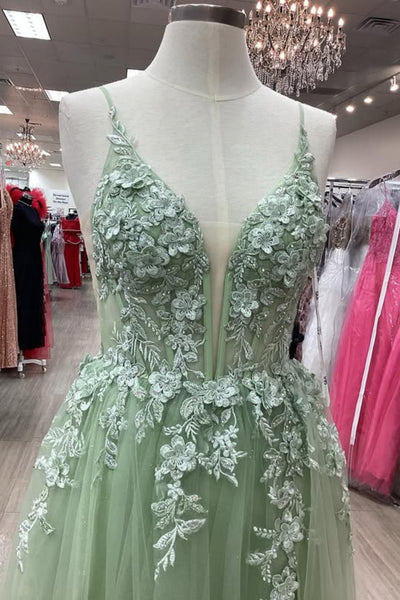 Green Tulle A Line V Neck Lace Long Prom Dresses, Green Lace Formal Graduation Evening Dresses WT1592