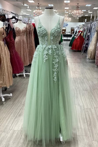 Green Tulle A Line V Neck Lace Long Prom Dresses, Green Lace Formal Graduation Evening Dresses WT1592