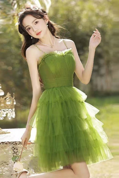 Green Tulle Elegant A Line Sweetheart Neck Layered Short Prom Dresses, Short Green Homecoming Dresses WT1641