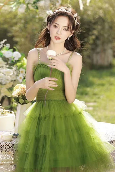 Green Tulle Elegant A Line Sweetheart Neck Layered Short Prom Dresses, Short Green Homecoming Dresses WT1641