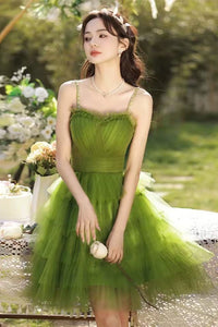 Green Tulle Elegant A Line Sweetheart Neck Layered Short Prom Dresses, Short Green Homecoming Dresses WT1641