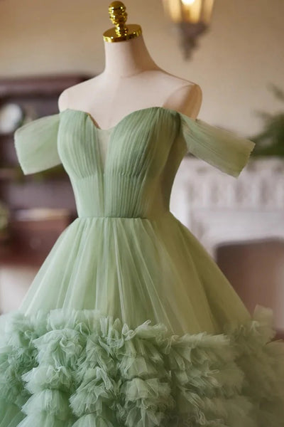 Green Tulle Off Shoulder Layered Long Prom Dresses, Off the Shoulder Formal Evening Dresses, Green Ball Gown WT1533