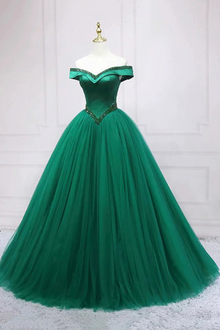 Green Tulle Off the Shoulder Beaded Long Prom Dresses, Off the Shoulder Formal Dresses, Green Evening Dresses