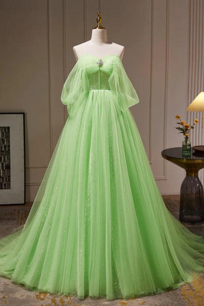 Green Tulle Off the Shoulder Long Prom Dresses, Elegant Green Formal Graduation Evening Dresses WT1316