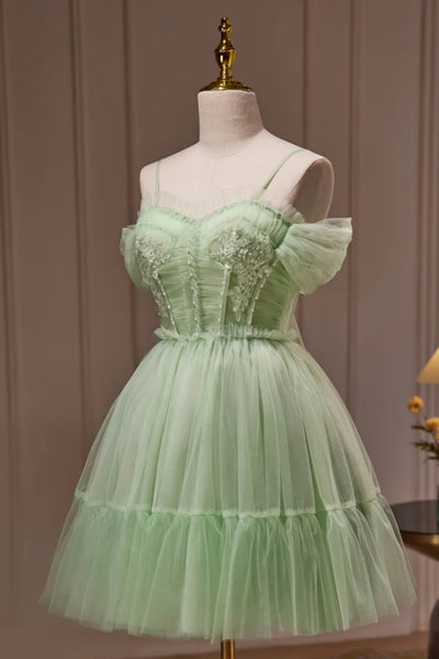 Green Tulle Off the Shoulder Short Prom Dresses with Bow Back, Off Shoulder Green Homecoming Dresses WT1519