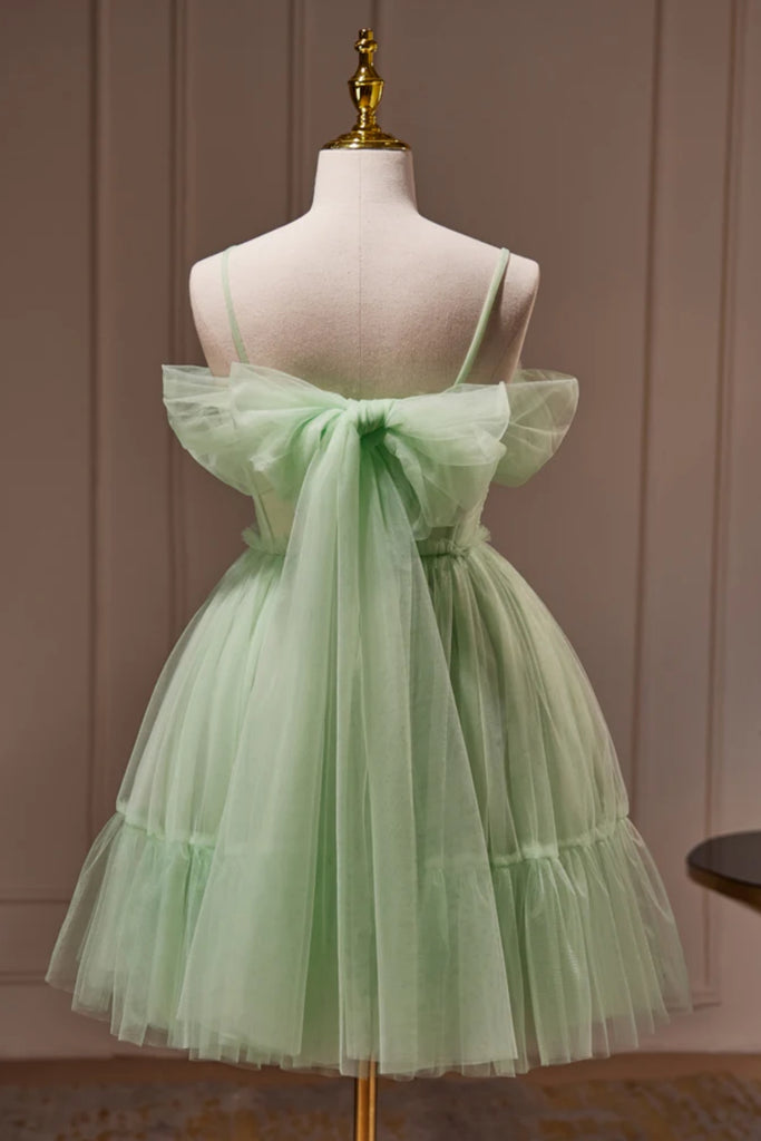Green Tulle Off the Shoulder Short Prom Dresses with Bow Back, Off Sho Lwt Dress Green Tulle Off the Shoulder Short Prom Dresses with Bow Back, Off Sho Lwt Dress