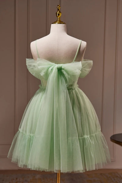 Green Tulle Off the Shoulder Short Prom Dresses with Bow Back, Off Shoulder Green Homecoming Dresses WT1519