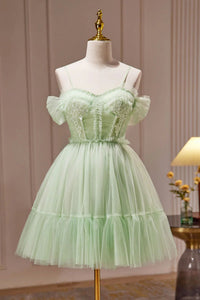 Green Tulle Off the Shoulder Short Prom Dresses with Bow Back, Off Shoulder Green Homecoming Dresses WT1519