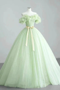 Green Tulle Shiny Off the Shoulder Long Prom Dresses, Long Green Formal Graduation Evening Dresses WT1530