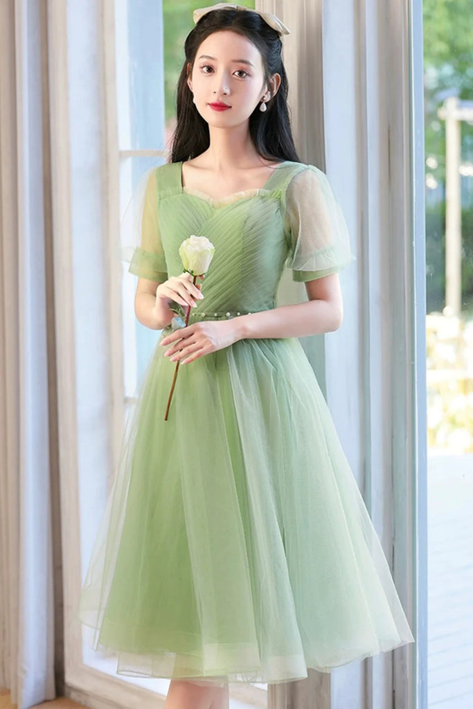short green prom dress Green Tulle Short Sleeves Prom Dresses with Belt, Short Green Formal G – Lwt Dress