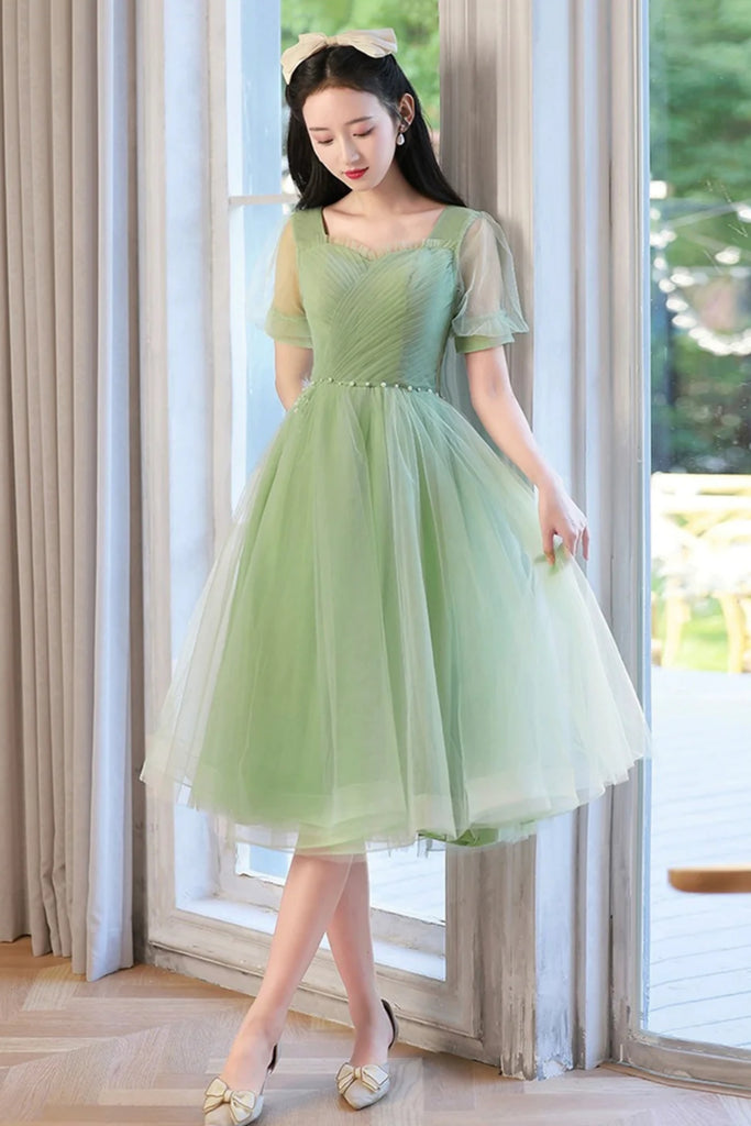Green Tulle Short Sleeves Prom Dresses with Belt, Short Green Formal G Lwt Dress Green Tulle Short Sleeves Prom Dresses with Belt, Short Green Formal G Lwt Dress