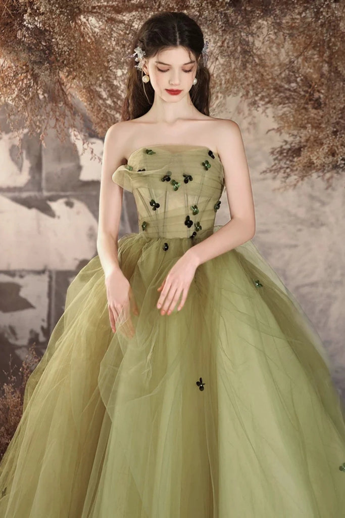 Green Tulle Strapless Floor Length Long Prom Dresses with Appliques, L