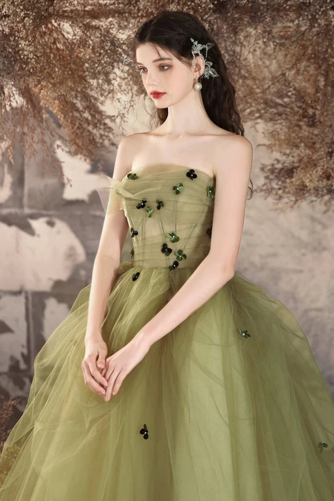 Green Tulle Strapless Floor Length Long Prom Dresses with Appliques, L