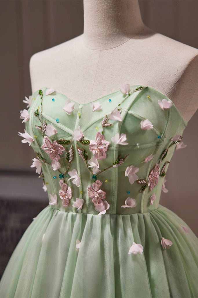 Green Tulle Strapless Floral Prom Dresses, Short Green Homecoming Dres Lwt Dress Green Tulle Strapless Floral Prom Dresses, Short Green Homecoming Dres Lwt Dress