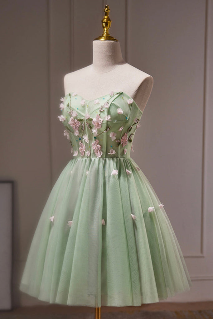 Green Tulle Strapless Floral Prom Dresses, Short Green Homecoming Dres Lwt Dress Green Tulle Strapless Floral Prom Dresses, Short Green Homecoming Dres Lwt Dress