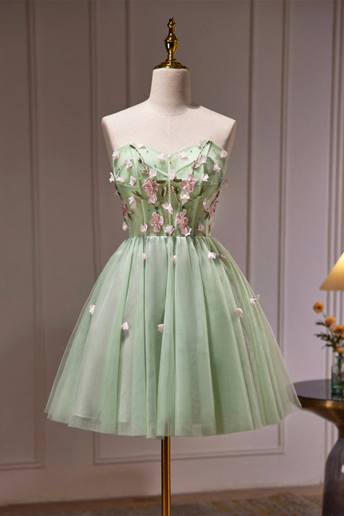 Green Tulle Strapless Floral Prom Dresses, Short Green Homecoming Dres Lwt Dress Green Tulle Strapless Floral Prom Dresses, Short Green Homecoming Dres Lwt Dress