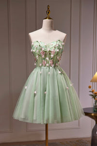 Green Tulle Strapless Floral Prom Dresses, Short Green Homecoming Dresses with Flowers, Green Floral Formal Evening Dresses WT1251