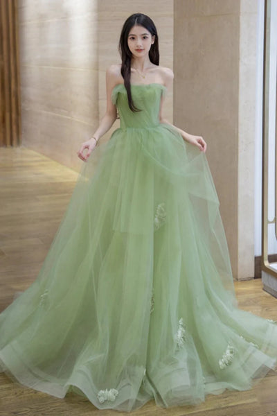 Green Tulle Strapless Long Prom Dresses with Flowers, Green Tulle Formal Graduation Evening Dresses WT1377