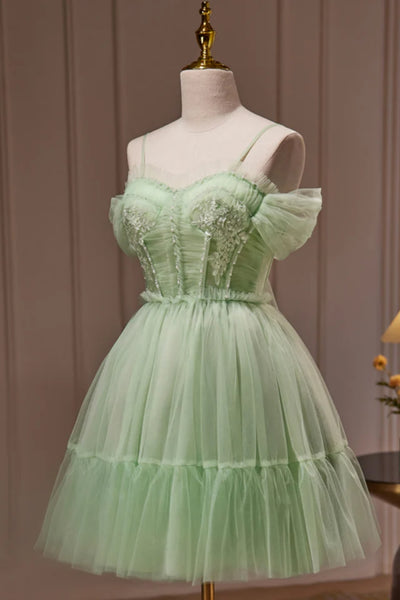 Green Tulle Sweetheart Neck Lace Prom Dresses, Off Shoulder Green Homecoming Dresses, Short Green Formal Graduation Evening Dresses WT1280