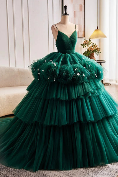 Green V Neck Open Back Layered Tulle Long Prom Dresses, Green Formal Evening Dresses, Ball Gown WT1422