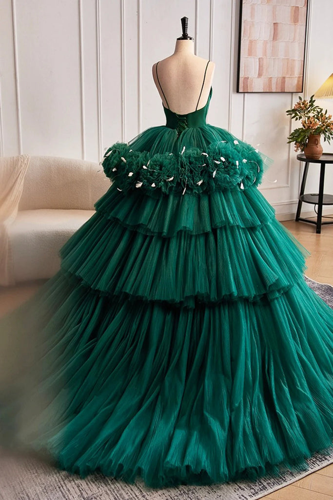 Green V Neck Open Back Layered Tulle Long Prom Dresses, Green Formal E Lwt Dress Green V Neck Open Back Layered Tulle Long Prom Dresses, Green Formal E Lwt Dress