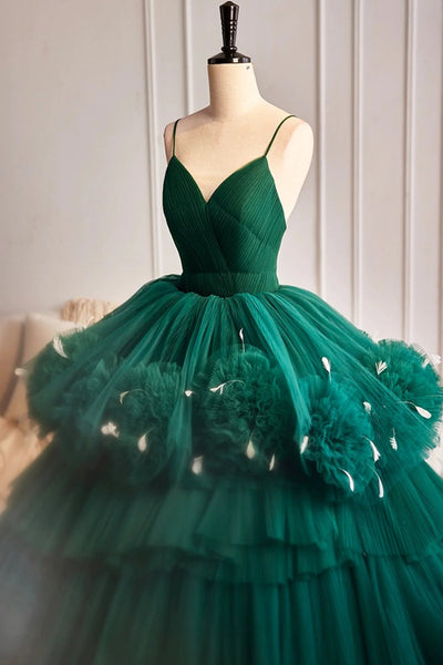 Green V Neck Open Back Layered Tulle Long Prom Dresses, Green Formal Evening Dresses, Ball Gown WT1422