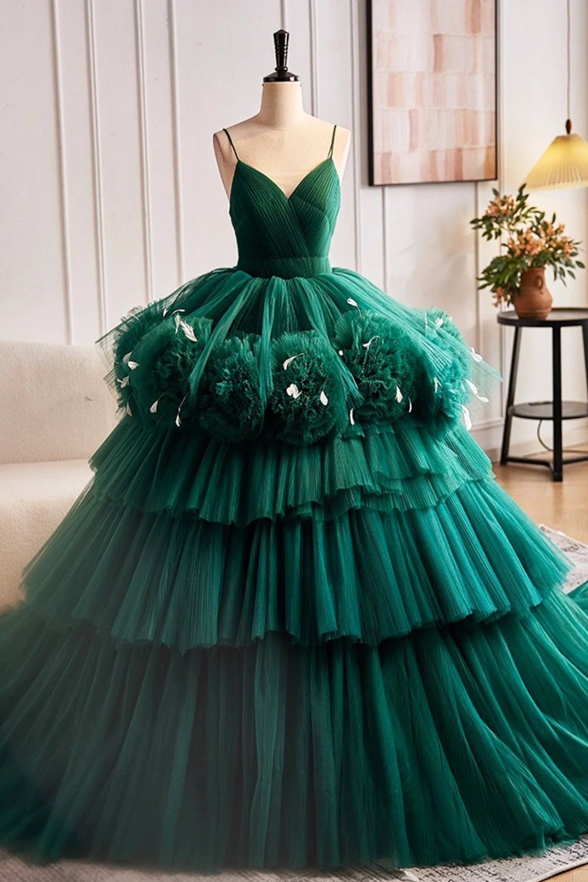 Green V Neck Open Back Layered Tulle Long Prom Dresses, Green Formal E Lwt Dress Green V Neck Open Back Layered Tulle Long Prom Dresses, Green Formal E Lwt Dress