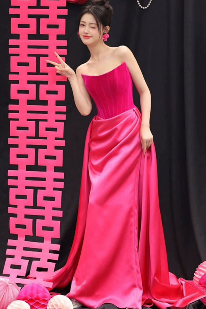 Hot Pink Strapless Mermaid Long Prom Dresses, Mermaid Hot Pink Formal Lwt Dress Hot Pink Strapless Mermaid Long Prom Dresses, Mermaid Hot Pink Formal Lwt Dress