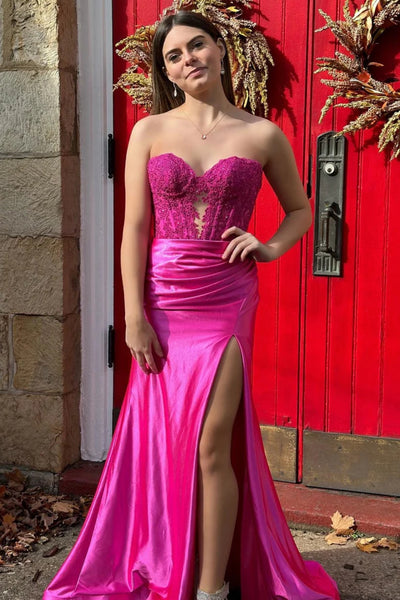 Hot Pink Strapless Mermaid Long Prom Dresses with Lace Top, Hot Pink Lace Formal Dresses, Hot Pink Evening Dresses with High Slit WT1347