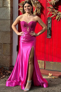 Hot Pink Strapless Mermaid Long Prom Dresses with Lace Top, Hot Pink Lace Formal Dresses, Hot Pink Evening Dresses with High Slit WT1347