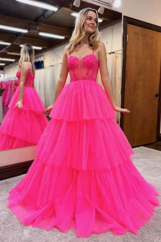 Hot Pink Tulle A Line V Neck Layered Long Prom Dresses, Hot Pink Lace Formal Graduation Evening Dresses WT1510