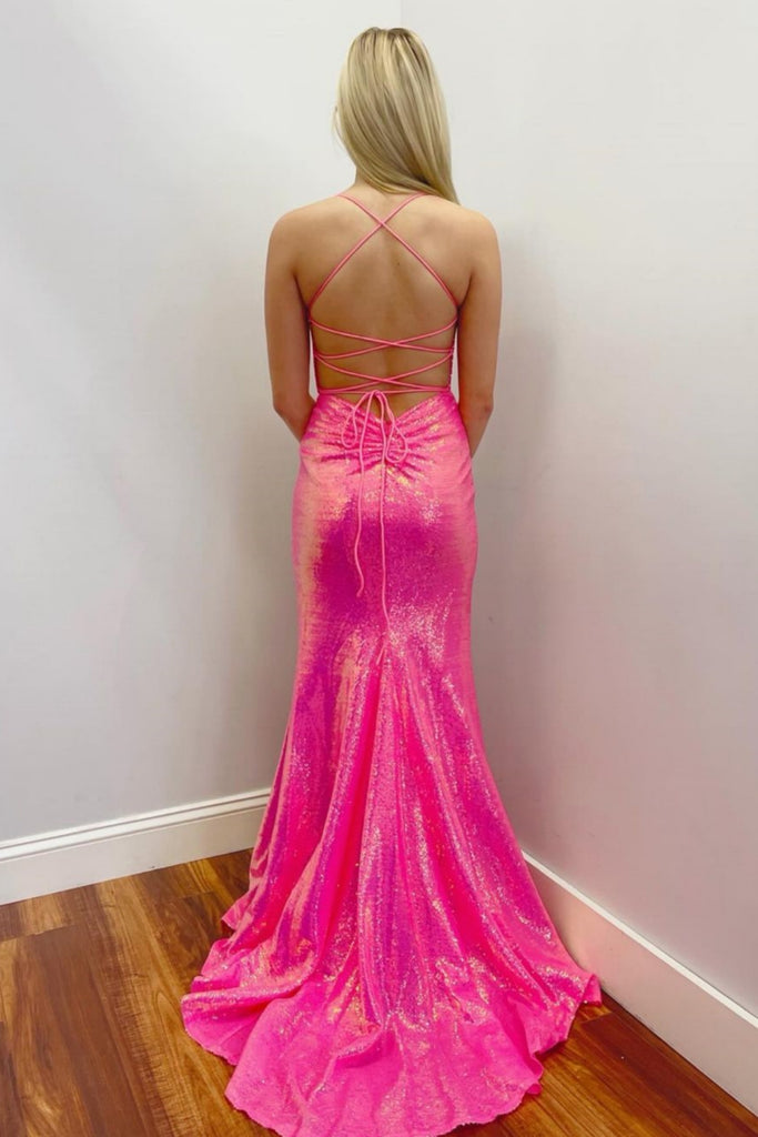 Hot Pink V Neck Mermaid Long Prom Dresses with High Slit, Mermaid Hot Lwt Dress Hot Pink V Neck Mermaid Long Prom Dresses with High Slit, Mermaid Hot Lwt Dress