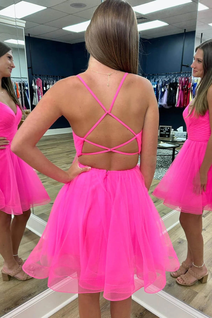 Hot Pink V Neck Open Back Tulle Short Prom Dresses, Hot Pink Tulle Hom Lwt Dress Hot Pink V Neck Open Back Tulle Short Prom Dresses, Hot Pink Tulle Hom Lwt Dress