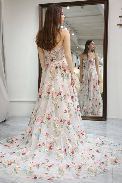 Ivory A Line Strapless Sweep Train Tulle Prom Dresses with Embroidery, Long Formal Evening Dresses with Appliques WT1492