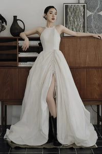 Ivory Satin Long Prom Dresses with High Slit, Long Ivory Formal Graduation Evening Dresses WT1374