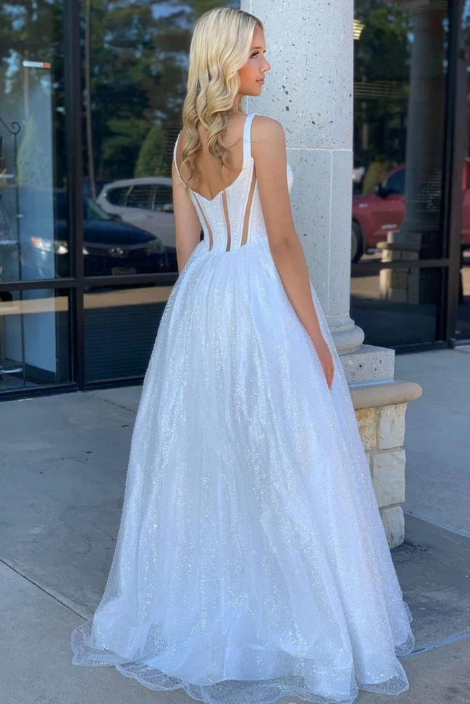 Ivory Shiny A Line Open Back Tulle Long Prom Dresses, Long White Forma Lwt Dress Ivory Shiny A Line Open Back Tulle Long Prom Dresses, Long White Forma Lwt Dress
