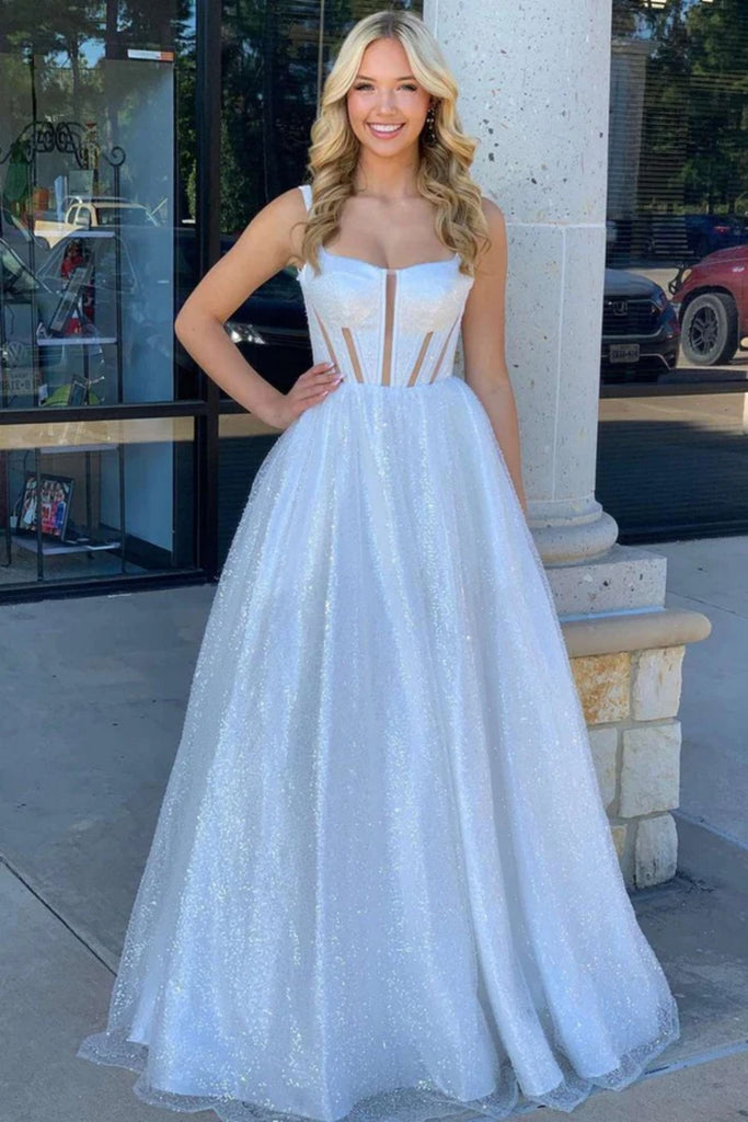 Ivory Shiny A Line Open Back Tulle Long Prom Dresses, Long White Forma Lwt Dress Ivory Shiny A Line Open Back Tulle Long Prom Dresses, Long White Forma Lwt Dress