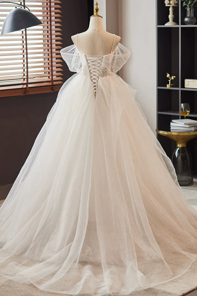 Ivory Tulle Off Shoulder Beaded Lace Long Prom Dresses, Ivory Lace Formal Evening Dresses, Ivory Wedding Dresses WT1384