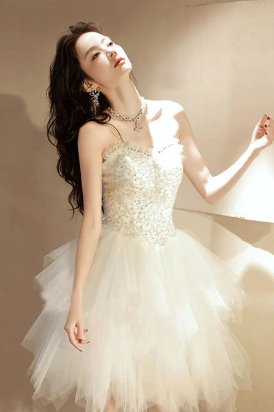 Ivory Tulle Strapless Beaded Short Prom Dresses, Princess Ivory Homecoming Dresses, Beaded Formal Evening Dresses A1319
