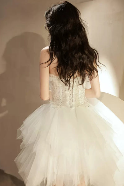 Ivory Tulle Strapless Beaded Short Prom Dresses, Princess Ivory Homeco Lwt Dress Ivory Tulle Strapless Beaded Short Prom Dresses, Princess Ivory Homeco Lwt Dress