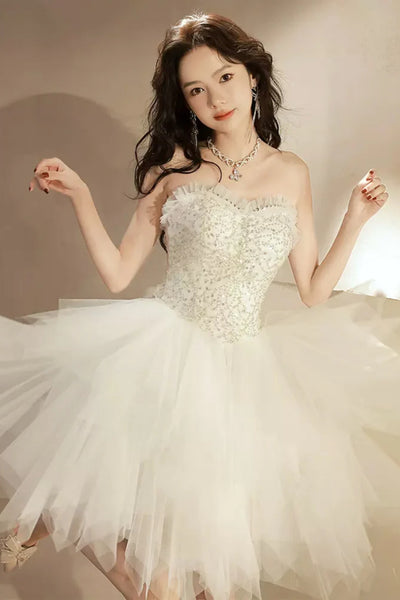 Beaded Short Homecoming Dresses Ivory Tulle Strapless Beaded Short Prom Dresses, Princess Ivory Homeco Lwt Dress Beaded Short Homecoming Dresses Ivory Tulle Strapless Beaded Short Prom Dresses, Princess Ivory Homeco Lwt Dress