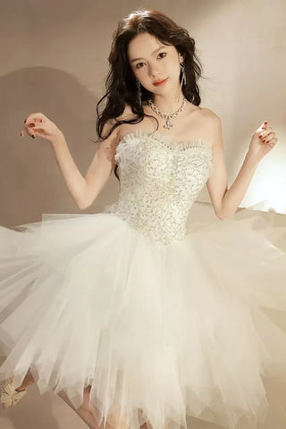 Ivory Tulle Strapless Beaded Short Prom Dresses, Princess Ivory Homecoming Dresses, Beaded Formal Evening Dresses A1319