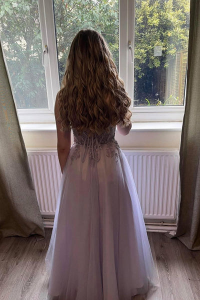 Lavender Tulle A Line V Neck Lace Long Prom Dresses, Lavender Lace Formal Graduation Evening Dresses WT1717