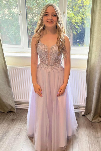 Lavender Tulle A Line V Neck Lace Long Prom Dresses, Lavender Lace Formal Graduation Evening Dresses WT1717