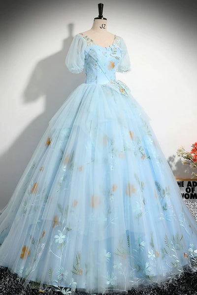 Light Blue Half Sleeves Long Prom Dresses with Appliques, Half Sleeves Blue Formal Evening Dresses, Blue Ball Gown WT1385