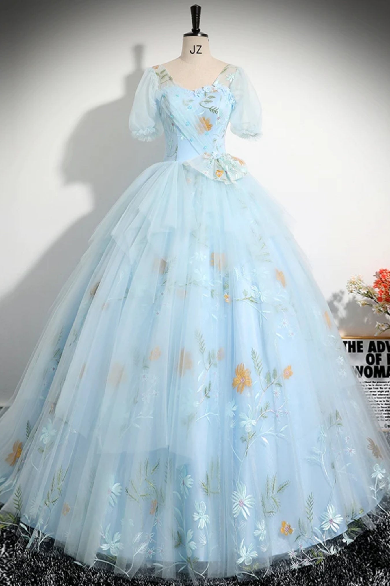 Light Blue Half Sleeves Long Prom Dresses with Appliques, Half Sleeves Blue Formal Evening Dresses, Blue Ball Gown WT1385