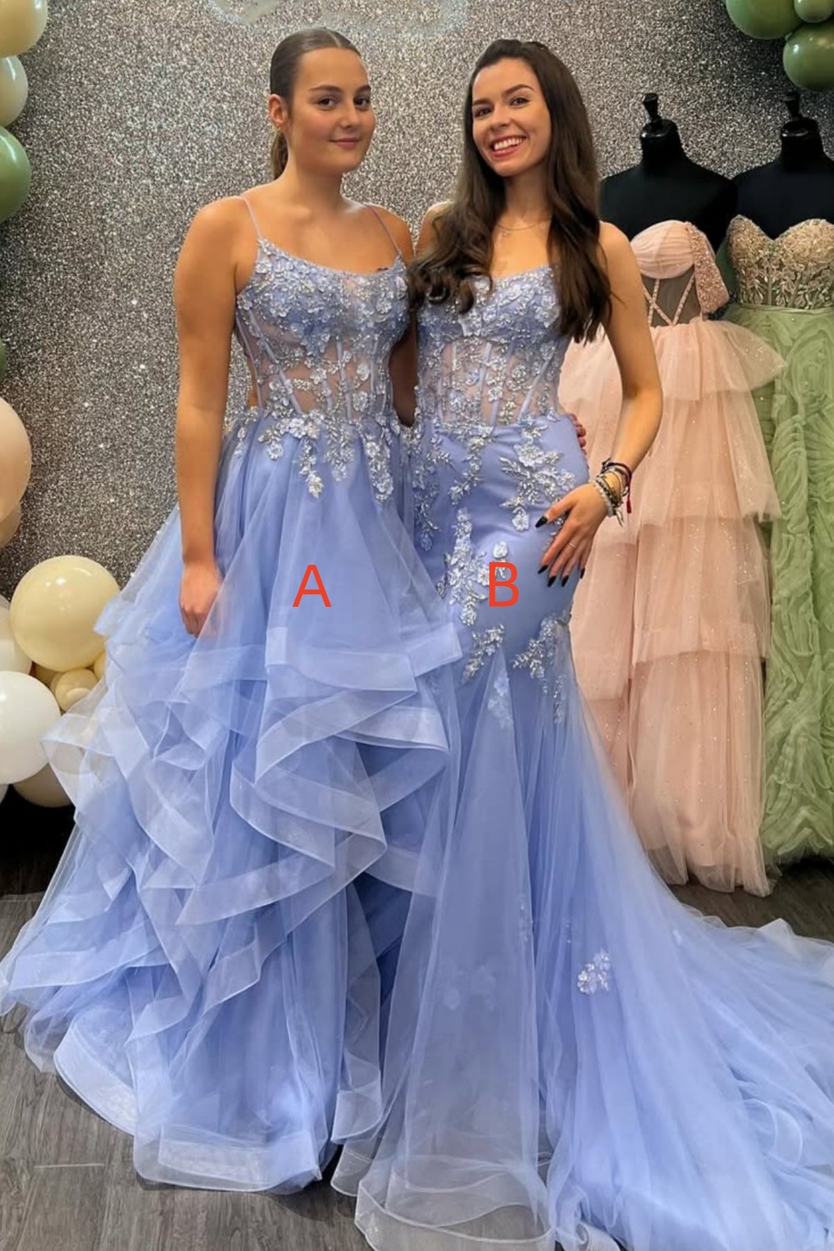 Light Blue Lace Fluffy Long Prom Dresses, Mermaid Light Blue Lace Formal Evening Dresses with Train WT1698