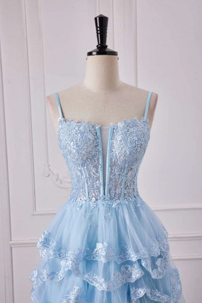 Light Blue Lace V Neck Open Back Layered Long Prom Dresses with Side Split, Light Blue Lace Formal Evening Dress WT1389