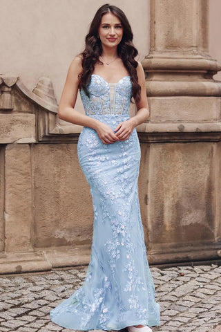 Light Blue Mermaid Spaghetti Straps Lace Long Prom Dresses, Light Blue Lace Formal Dresses with Appliques, Light Blue Evening Dresses WT1457