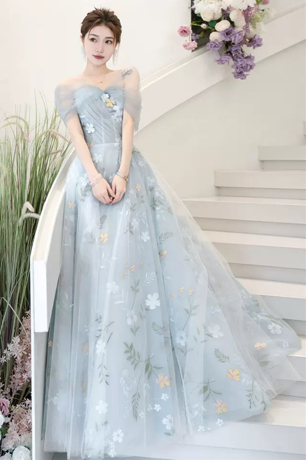 Light Blue Off the Shoulder Floral Long Prom Dresses, Off Shoulder For Lwt Dress Light Blue Off the Shoulder Floral Long Prom Dresses, Off Shoulder For Lwt Dress
